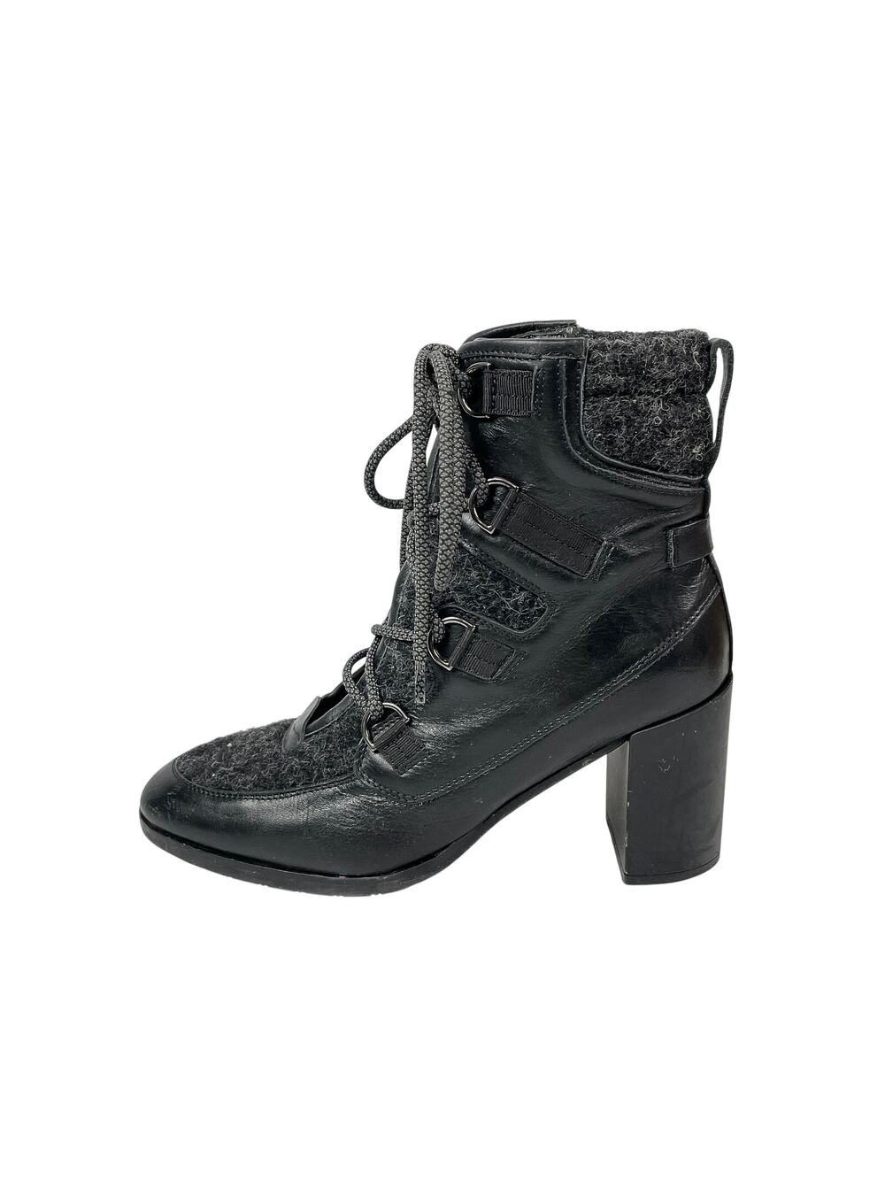 Napoleoni Black Leather Wool Lace Up Round Toe Block Heel Ankle Combat Boots 7